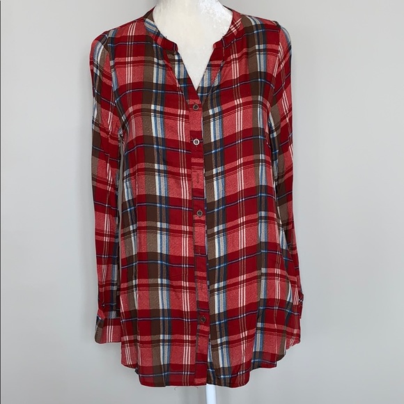 Rust plaid long sleeve button up tunic - Picture 1 of 5